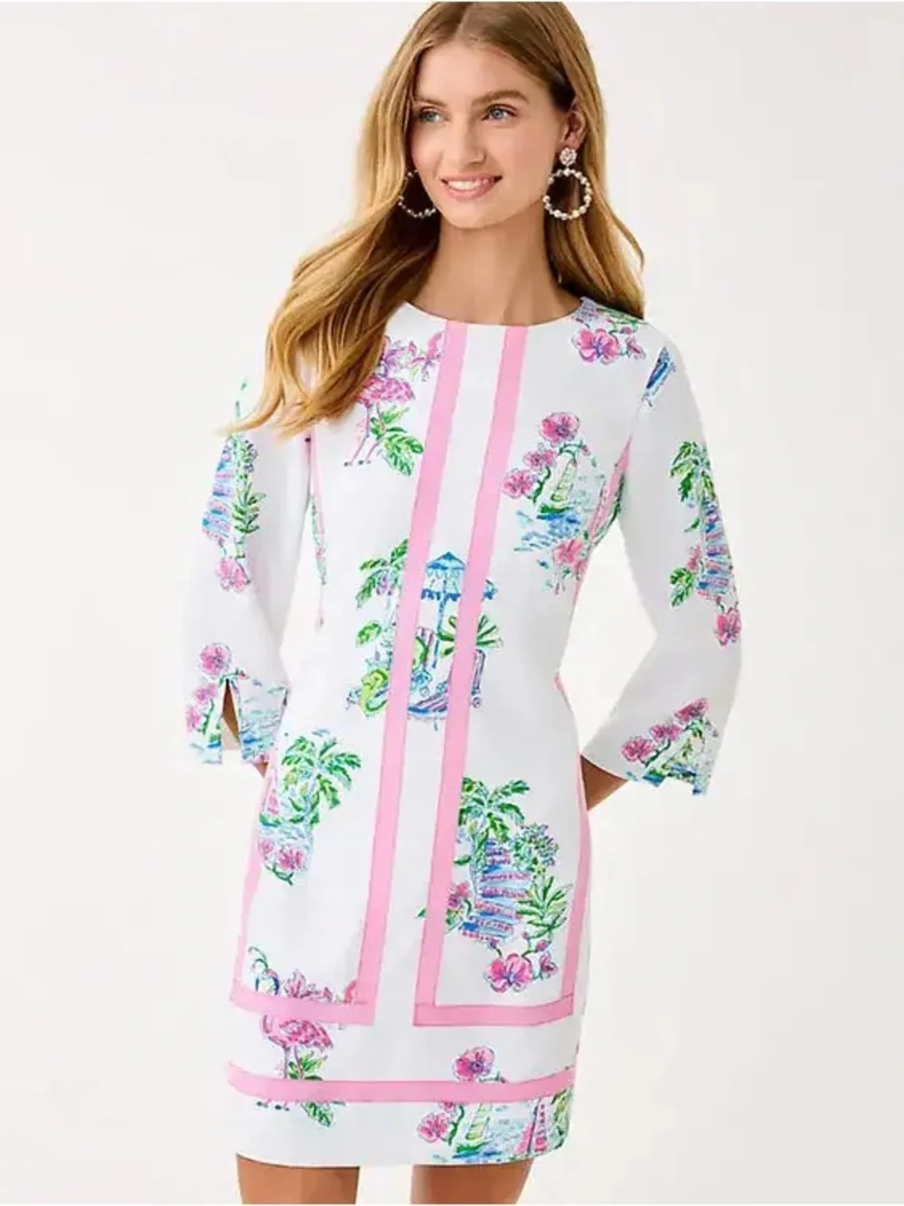 NWT Lilly Pulitzer Margaux 3/4 sleeve white pink flamingo beach palm dress 16 - Picture 3 of 10